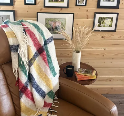 Leather chair with plaid blanket beside a small table, books, coffee, and framed nature photographs on a timber wall